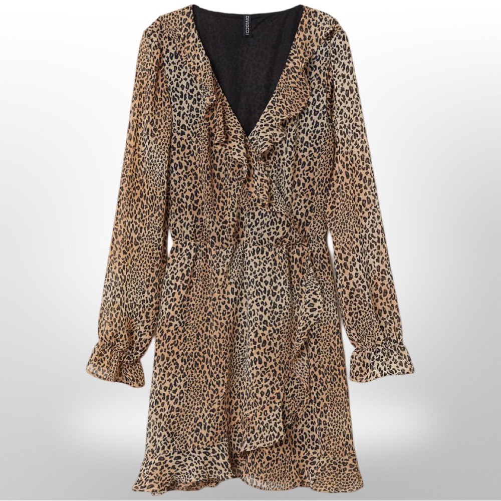 Sheer Leopard Mini Dress Women Large Divided Long Sleeve Short & Flirty